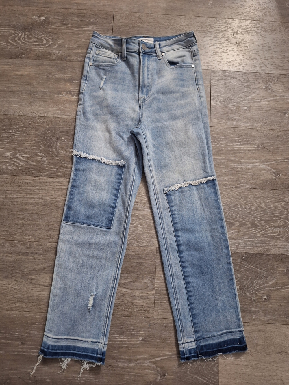 Risen Light Blue High Rise Patchwork Straight Leg Jeans with Knee Panels